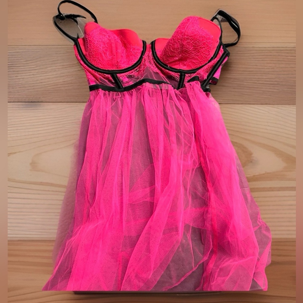 Victoria secret Hot Pink Babydoll Lingerie with Black Trim